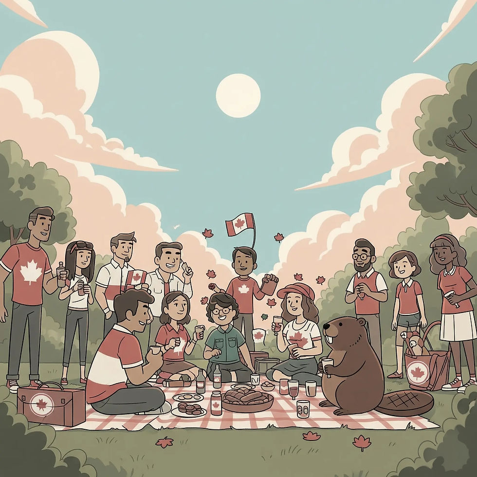 A group of people picnicking on a red-and-white blanket in a park, with a Canadian flag, snacks, and a beaver. Sky is clear and sunny.