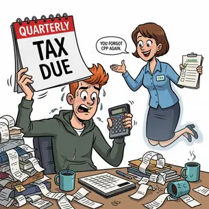 Man overwhelmed by taxes holding calculator and "Quarterly Tax Due" sign. Woman in blue shirt says, "You forgot CPP again," holding form.