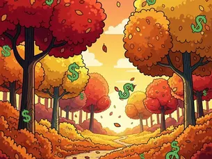 Autumn forest scene with red and yellow trees and dollar signs on trunks. Falling leaves on a winding path under a colorful sunset sky.