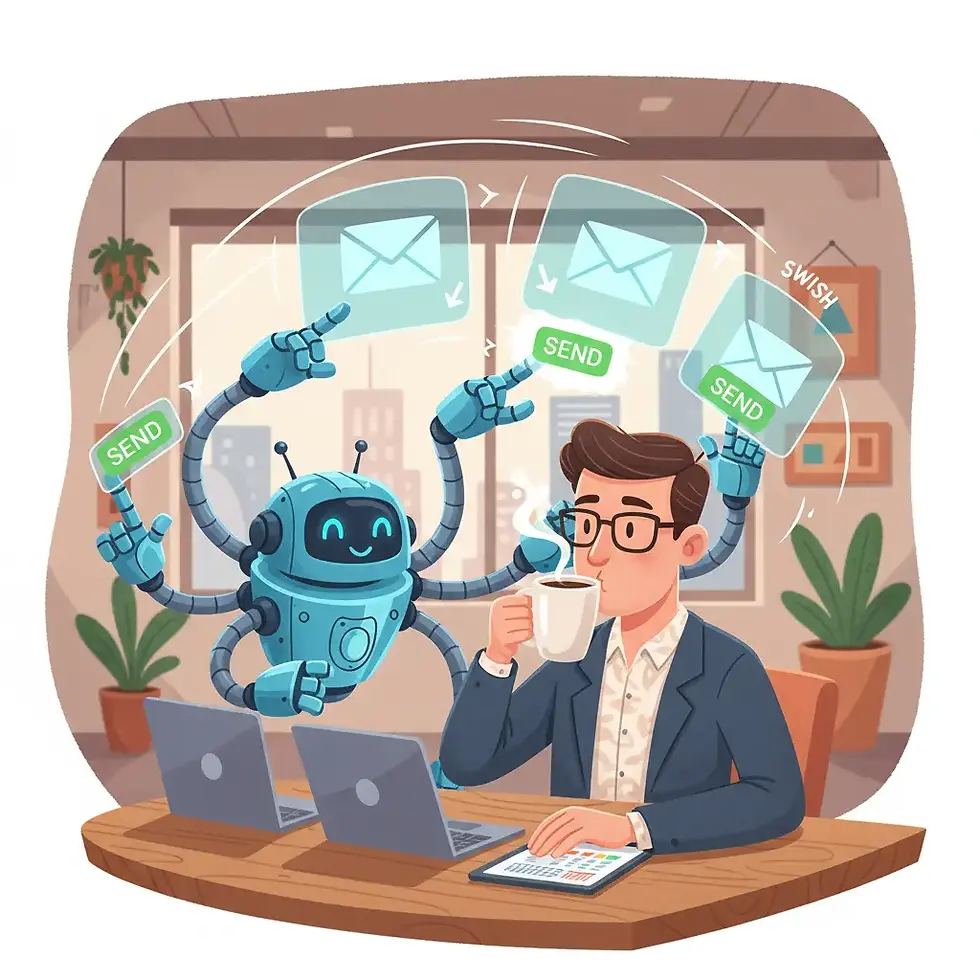 A smiling robot with multiple arms sends emails while a man in glasses sips coffee at a desk with two laptops. Bright office setting.