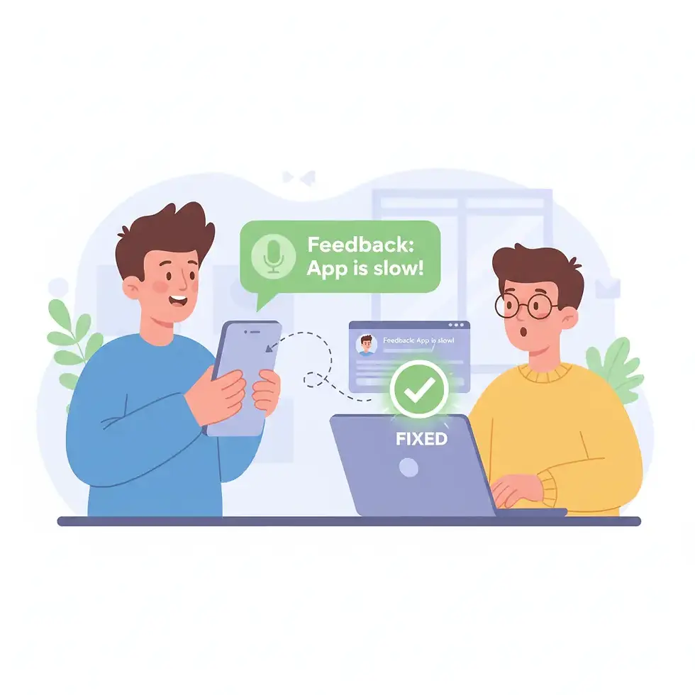 Two people at a desk; one with a phone giving feedback, "App is slow!", the other at a laptop with "FIXED" message. Bright and positive scene.
