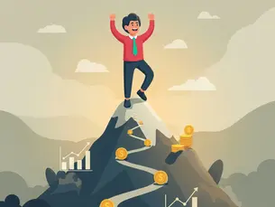 A person in a red shirt stands joyfully atop a mountain with a money path. Background has clouds, graphs, and coin stacks, symbolizing success.