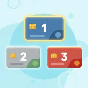 Three credit card icons numbered 1, 2, and 3 on a light blue background. The cards are blue, gray, and red, with a glowing effect.