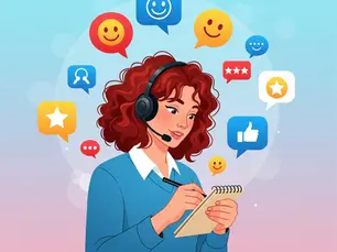 Woman with red hair wearing a headset writes in a notepad. Colorful chat icons with smiles and thumbs up surround her. Blue background.
