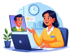 Woman in yellow video chats with a man, laptop open, plant nearby. Clock and books in the blue-background room, friendly mood.