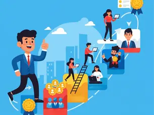 Illustration of people progressing up colorful steps with laptops and awards, symbolizing achievement and growth. Blue cityscape background.