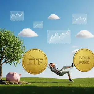 Man relaxes in a hammock between "ETF" and "Index Fund" coins on grass. Background: blue sky, clouds, graphs, pink piggy bank, tree. Peaceful mood.
