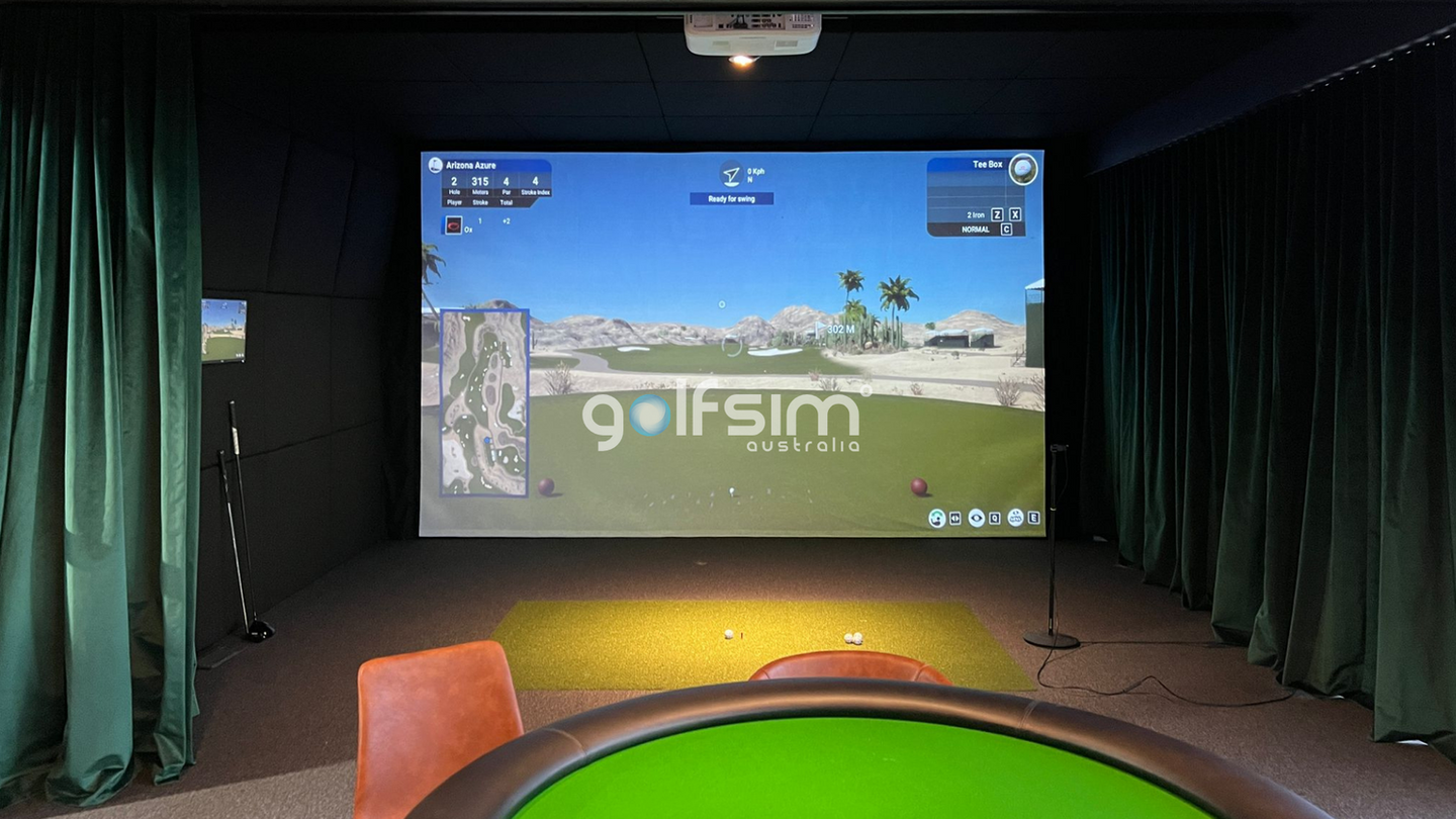 Curtained indoor golf simulator space with GSPro projection and poker table setup — multipurpose entertainment room by Golfsim Australia.