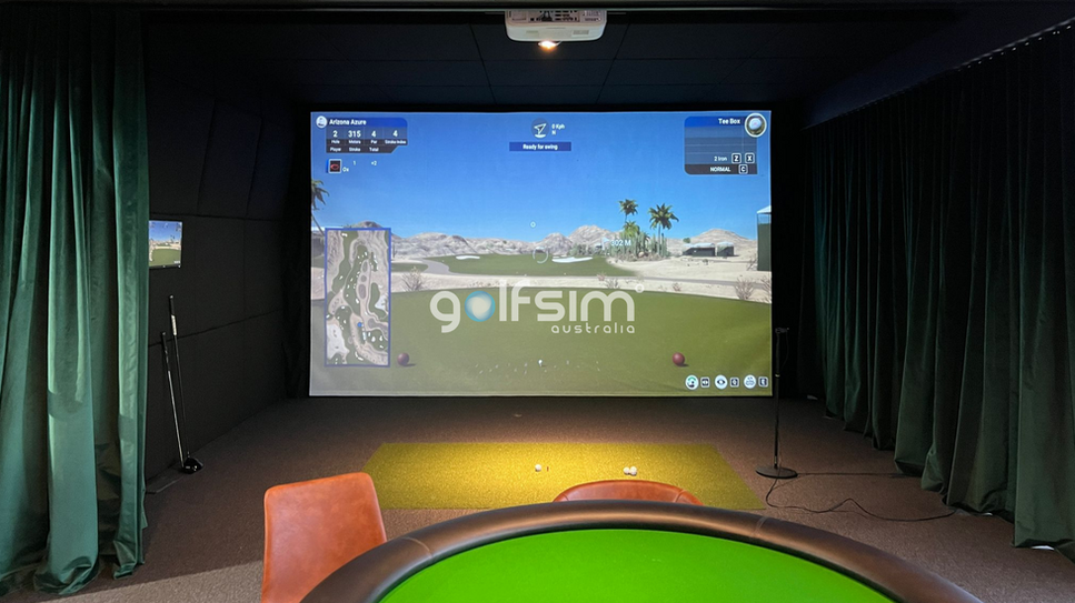 Curtained indoor golf simulator space with GSPro projection and poker table setup — multipurpose entertainment room by Golfsim Australia.