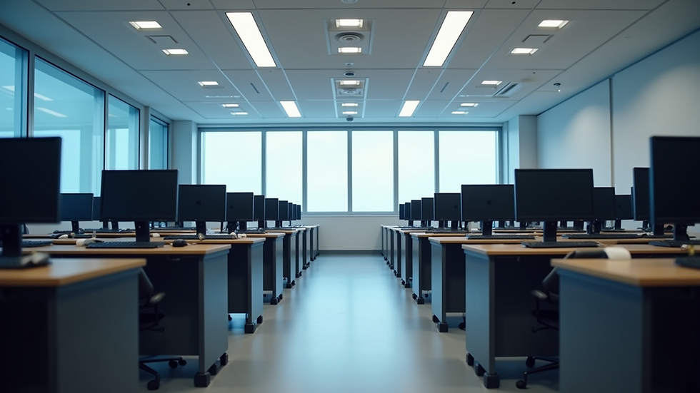 Eye-level view of a modern classroom with computers arranged for IT training