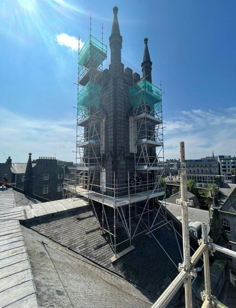 church with scaffolding on