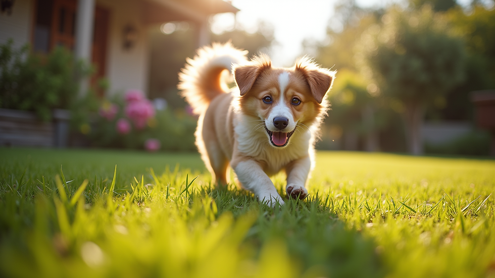 High angle view of a happy dog playing in a sunny garden