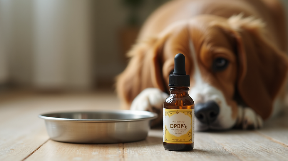 Eye-level view of a small bottle of CBD oil next to a pet bowl