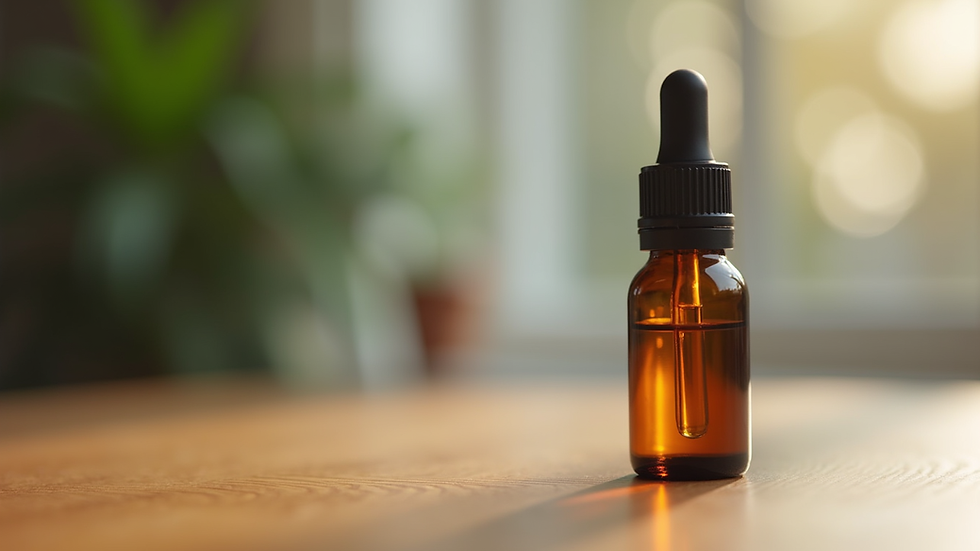 Close-up view of a small bottle of CBD oil for pets on a wooden table
