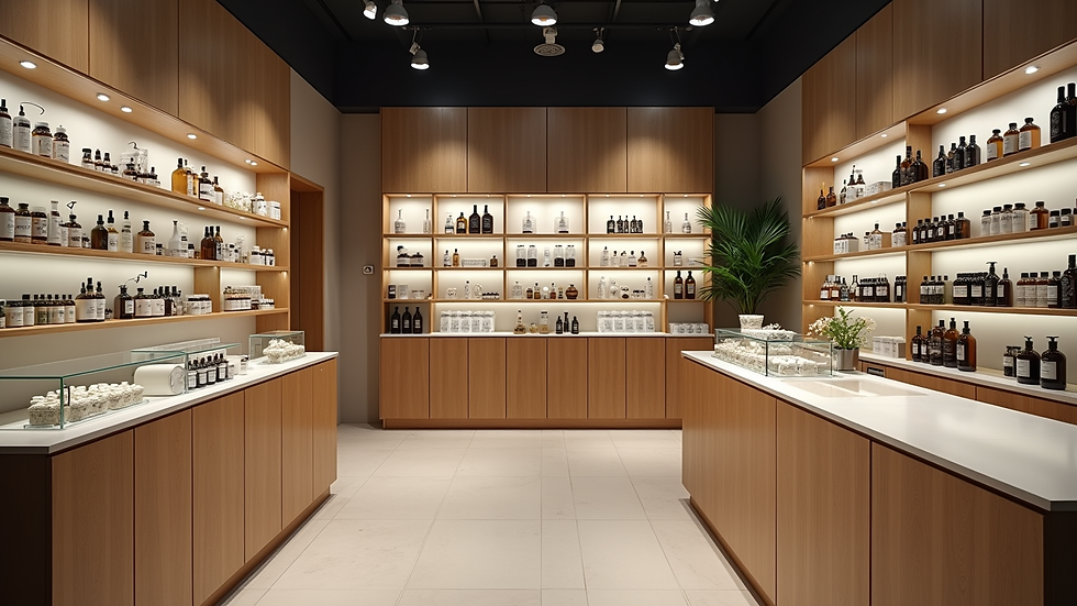 Eye-level view of a modern CBD center interior with shelves of products