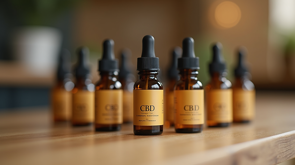 Eye-level view of various CBD oil bottles on a wooden table