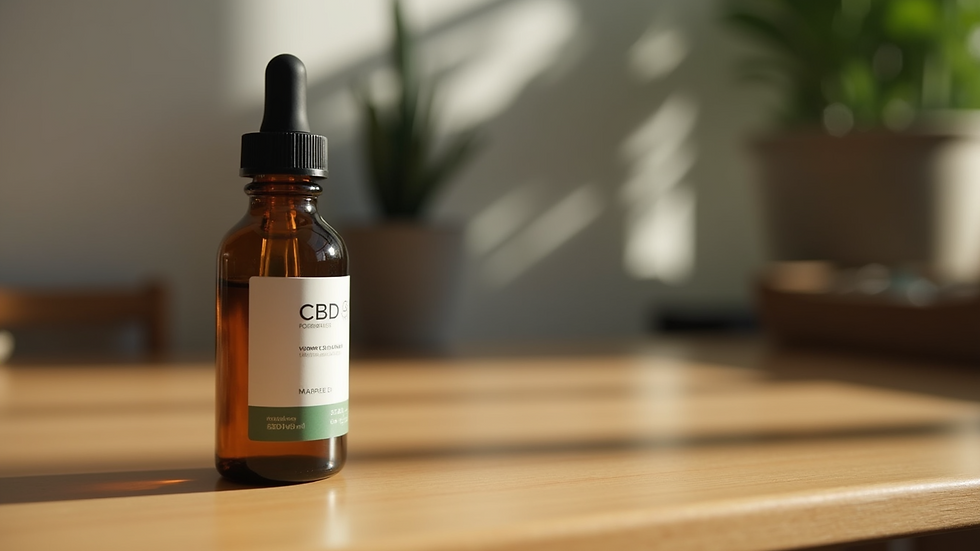 Close-up view of CBD oil bottle on wooden table