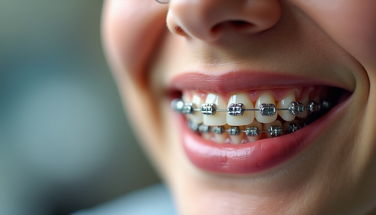 Close-up view of metal braces attached to teeth, showing the difference between fashion and medical braces