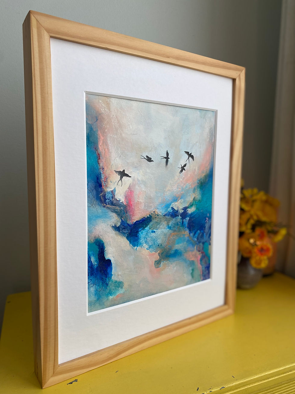 Thumbnail: Swallows in abstract flight framed painting 11x14