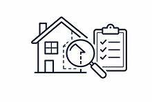 Symbol für Haus mit Lupe und Notizblock „KI-generierte Darstellung“