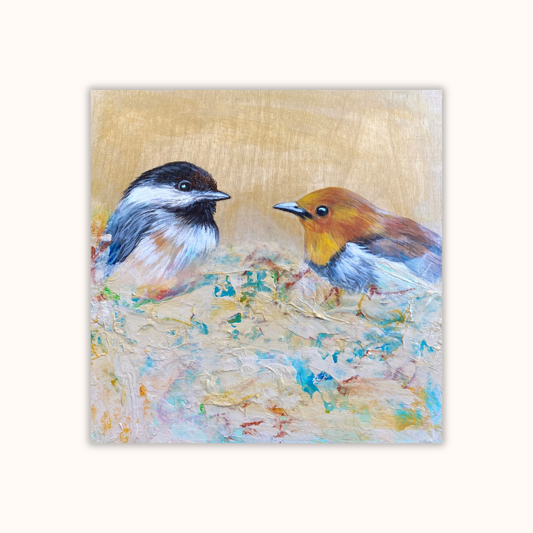 Chickadee & Friend painting on wood board