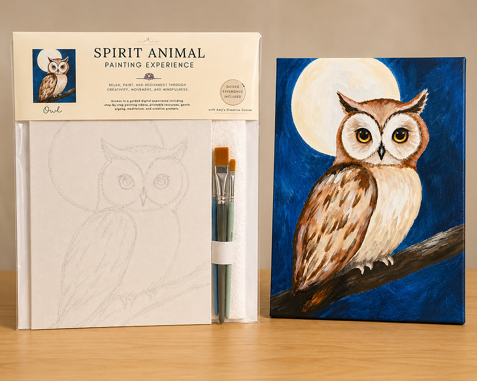 Spirit Animal Painting Experience owl kit beside finished owl painting on blue moonlit canvas, with brushes and sketched canvas.