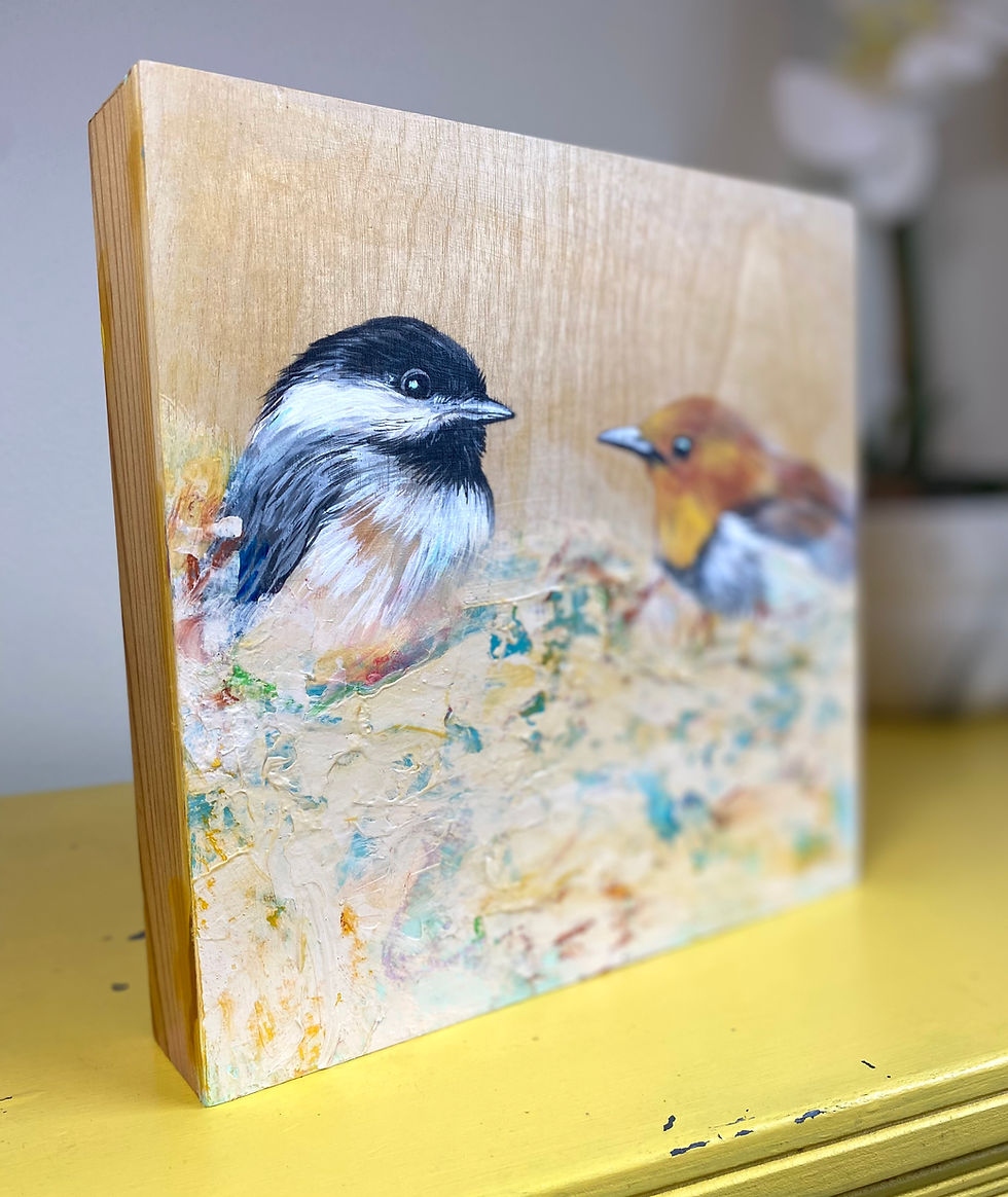 Thumbnail: Chickadee & Friend painting on wood board 8x8