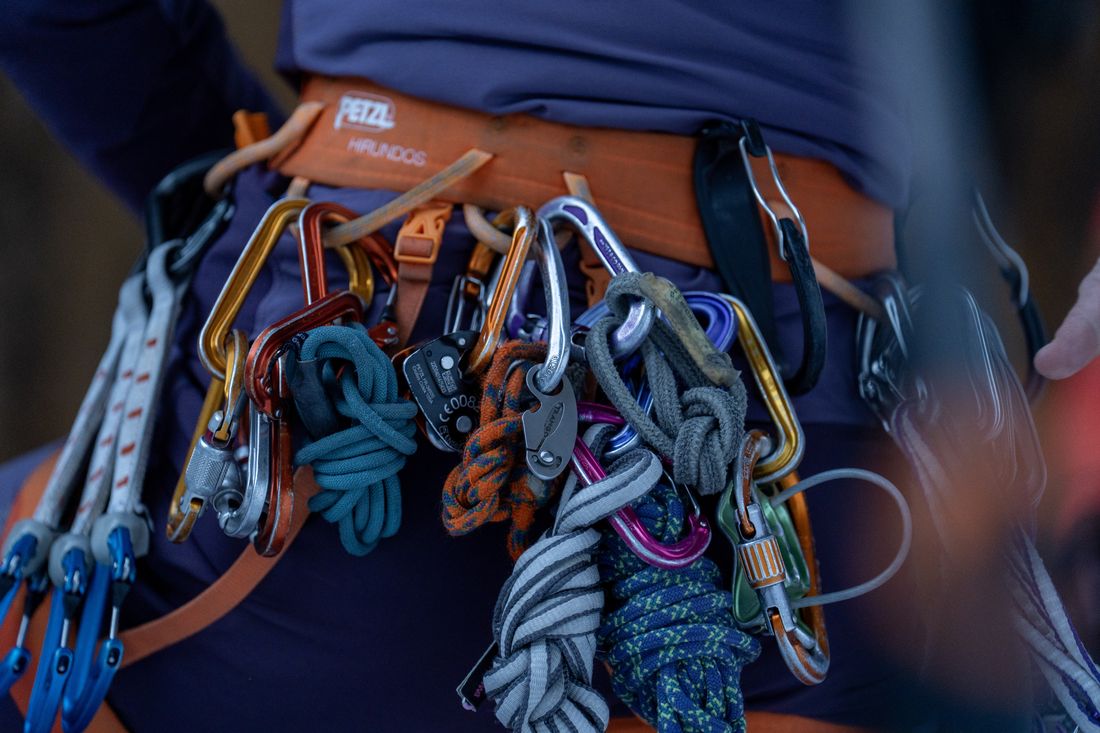 Ice climbing gear laid out before the climb