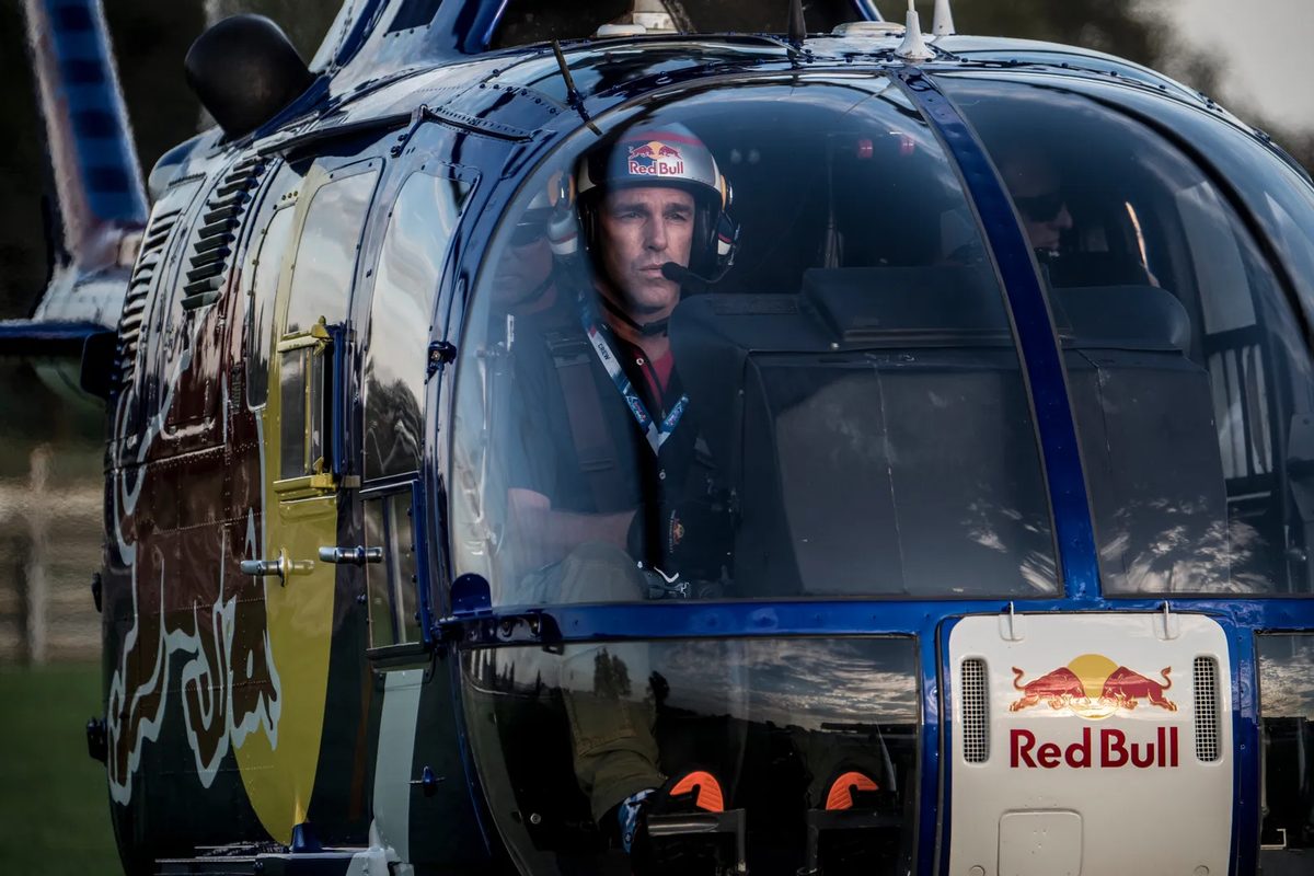 Aaron Fitzgerald at the controls of the Red Bull BO-105
