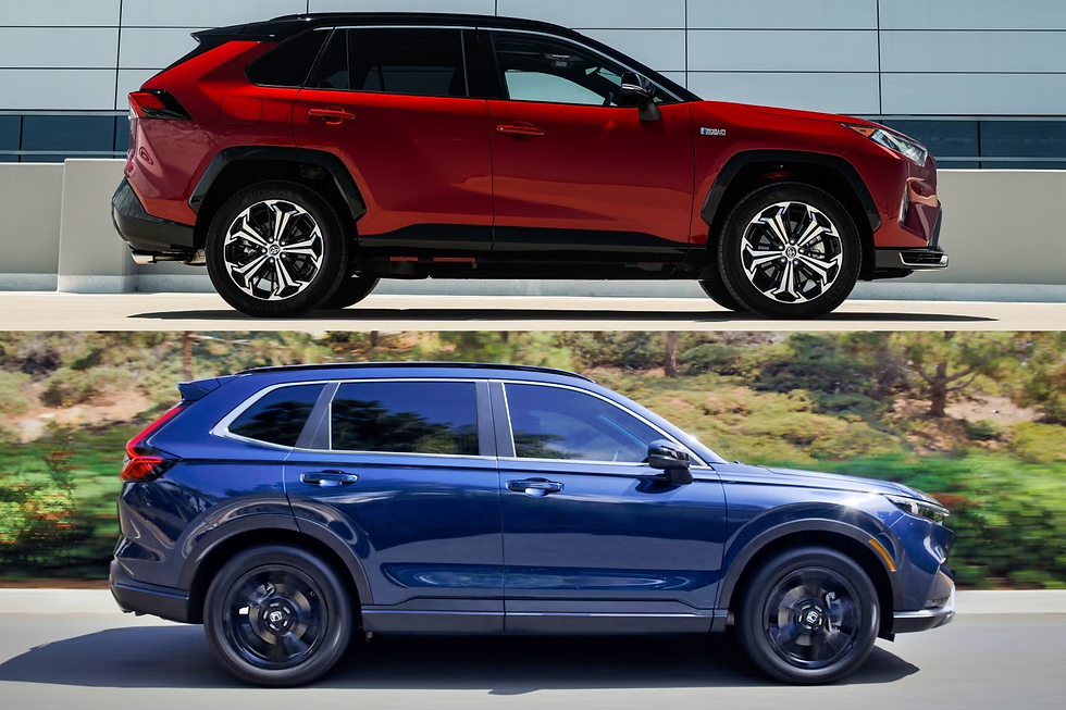 Red SUV parked in front of a modern building, and a blue SUV driving past greenery. Both show side profiles with distinct wheel designs.