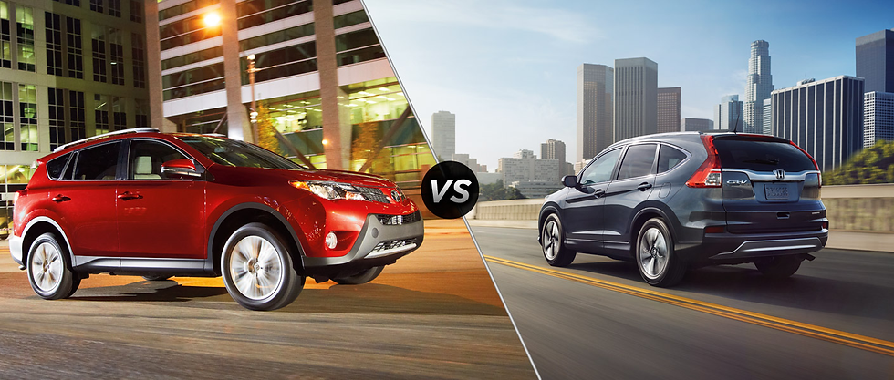 Split image of a red SUV on a city street at night and a gray SUV on a sunny highway, with "VS" text in the center. Urban backgrounds.