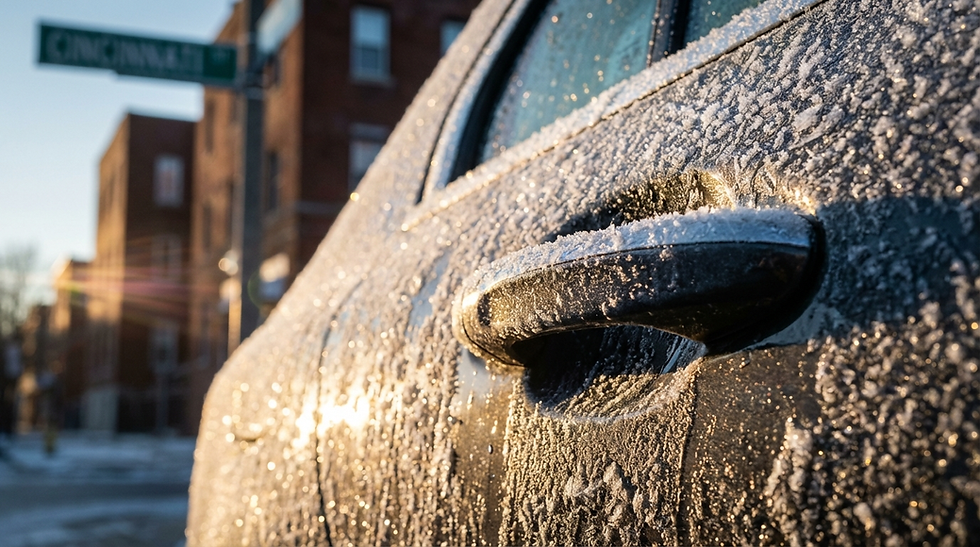Car covered in frost under sunlight, close-up of ice-crusted door handle. Street sign reading "Cincinnati" blurred in background, urban setting.