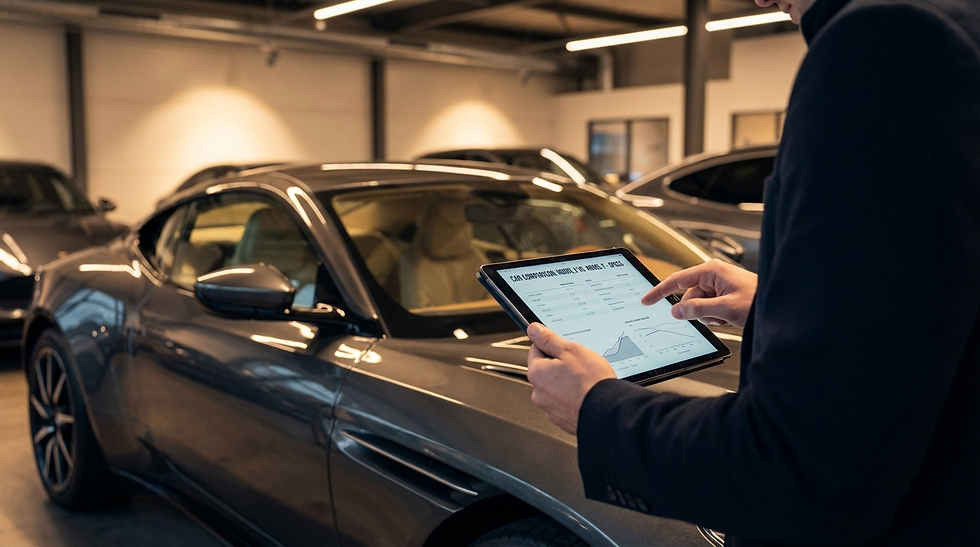 Person in a car showroom using a tablet with a car comparison chart. A gray luxury car is in the foreground. Dim lighting.