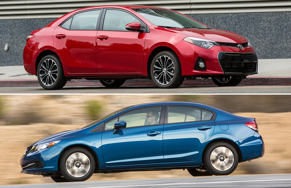 Red sedan parked on a street and blue sedan driving quickly in motion blur. Urban background, modern design.