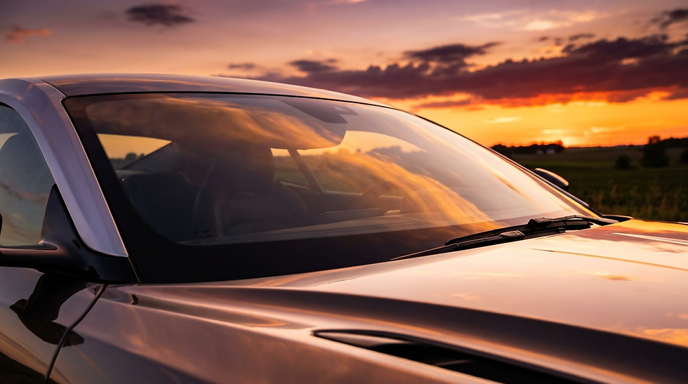 Car windshield reflecting a vivid sunset sky with colorful clouds. The serene landscape in the background enhances the peaceful mood.
