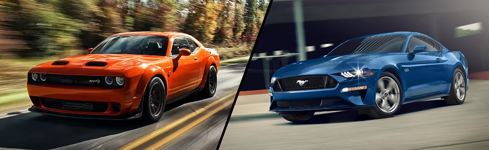 Orange car on a forest road and a blue car on a city street, both in motion. Dynamic scenes with vibrant colors and sleek designs.
