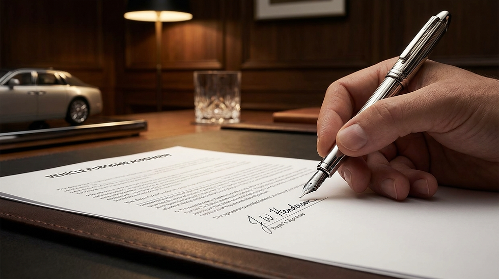 A hand signs a "Vehicle Purchase Agreement" with a silver pen on a wooden desk. A model car, lamp, and glass are in the background.