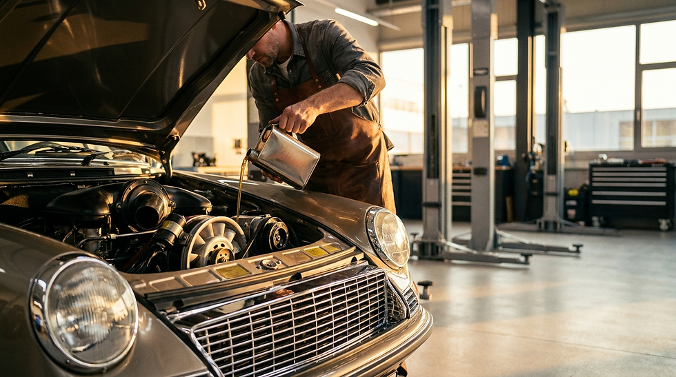 Mechanic in apron pours oil into classic car engine in a sunlit garage. Open hood, visible engine parts, and toolboxes in the background.