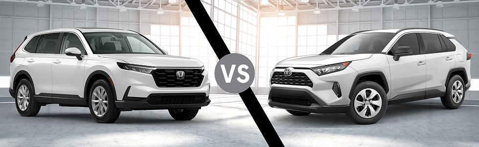 Two white SUVs are parked side-by-side in a bright showroom. A diagonal "VS" divides them, suggesting a comparison.