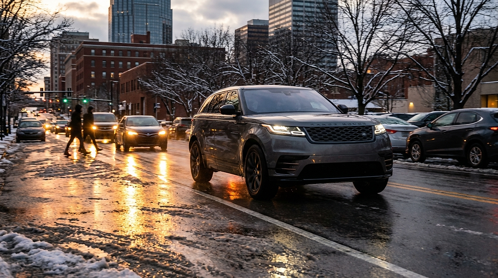 SUV driving on wet, snowy street at dusk. Pedestrians crossing, car headlights reflecting on road. City buildings and bare trees in background.