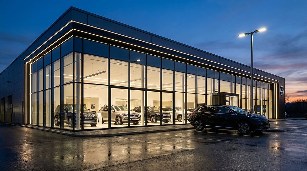 Car dealership with large windows displaying SUVs, illuminated by evening lights. Dark sky background. Sleek, modern design.