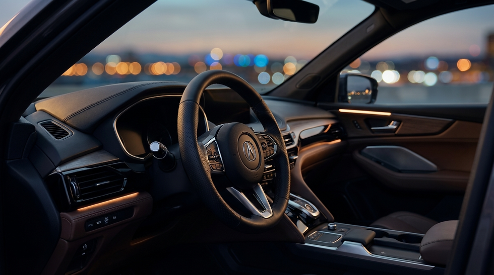 Car interior with a sleek steering wheel and dashboard, set against a blurred cityscape with colorful bokeh lights at dusk.