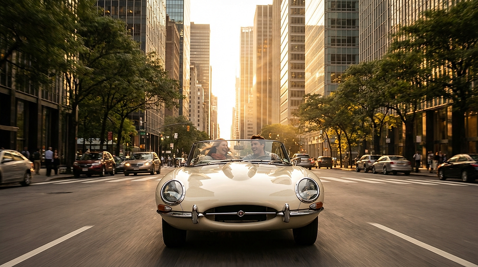 A couple enjoys a ride in a vintage convertible on a city street, surrounded by tall buildings and trees at sunset, conveying joy.