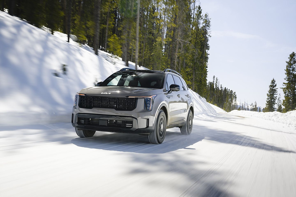A gray SUV drives on a snowy forest road under a clear sky. The vehicle's logo is visible. Tall green trees line the road.