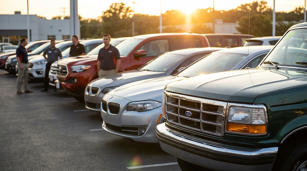 Cars parked in dealership lot at sunset. Four men in polo shirts converse by red and black cars. Warm lighting and shadows.