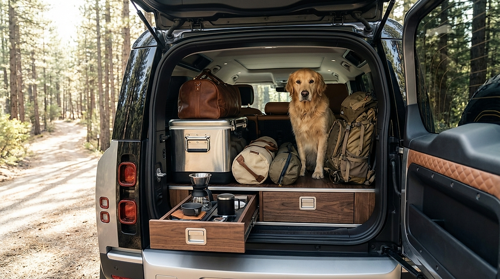 Golden retriever sits in SUV trunk with luggage and camping gear. Forest trail in background, drawer open with coffee setup.