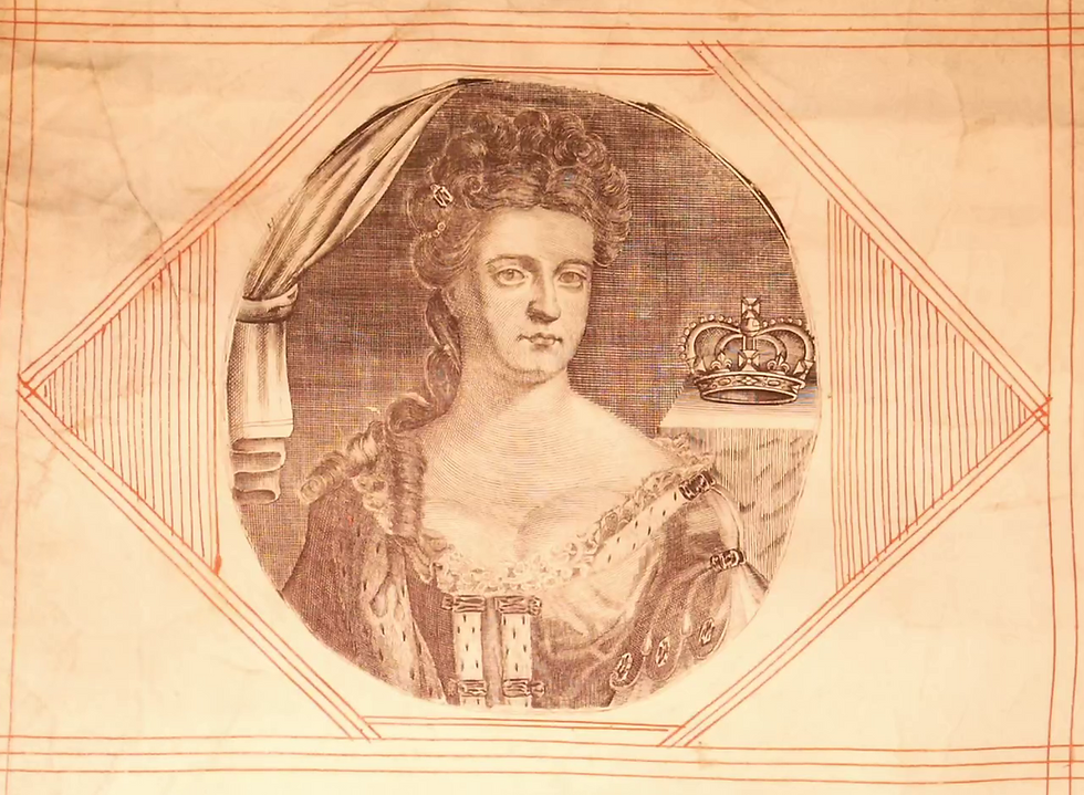 Copyright :Edward-john-neville: Fitzgerald
Photograph of Queen Anne's portrait at the header of her Coronation Roll (C 57/8) Held at The National Archives, Kew, England.