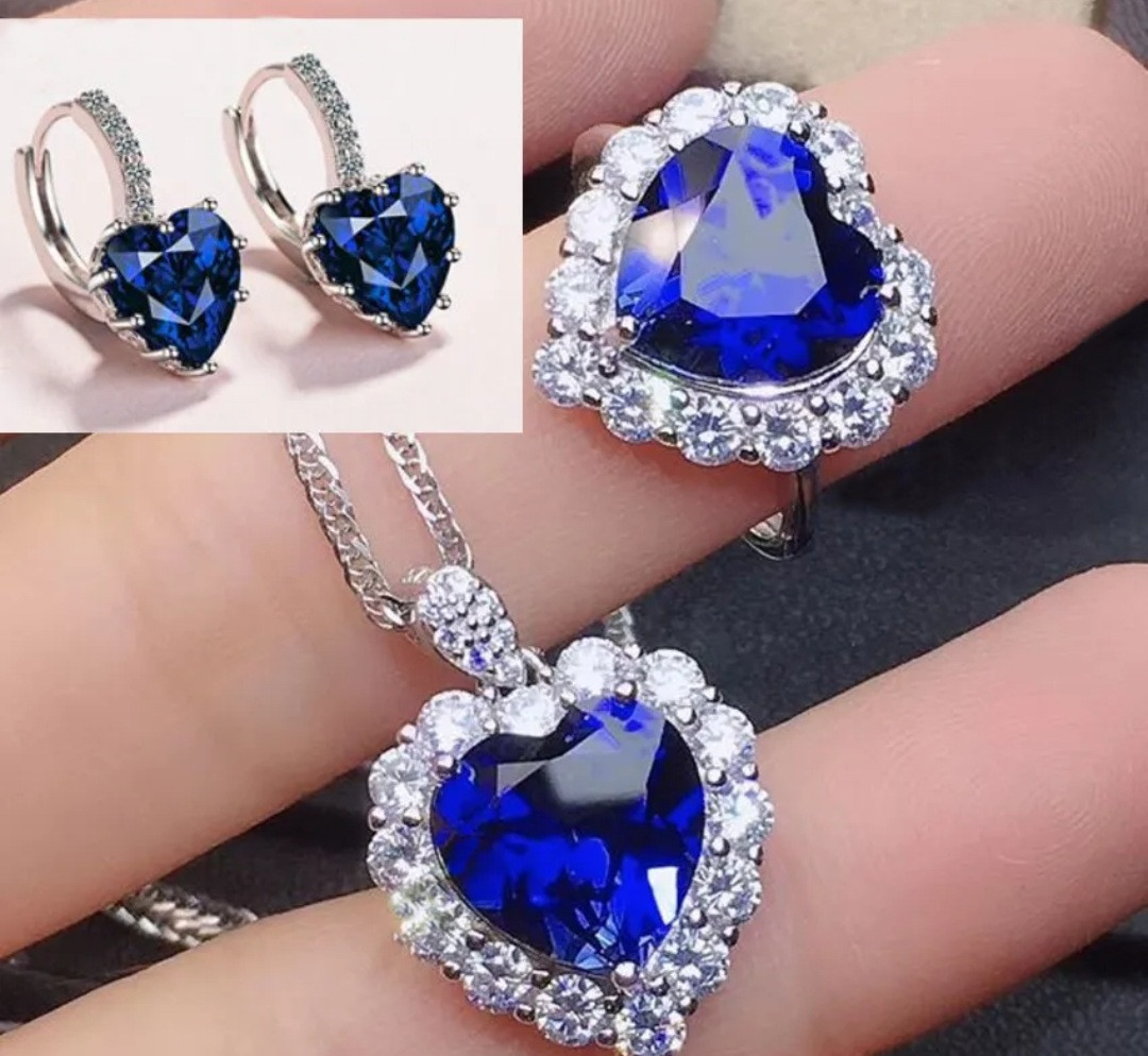 925 Sterling Silver Set, Blue Crystal Pendant, Earings and Ring