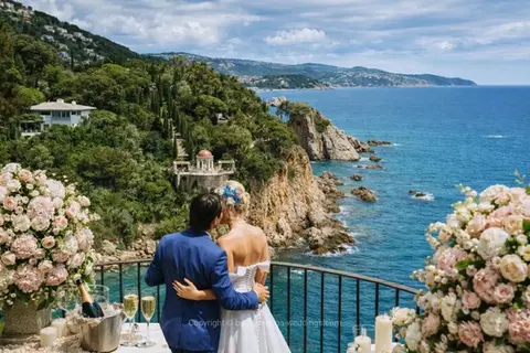 Aerial view of Convent de Blanes seafront wedding venue above the Mediterranean, Blanes, Costa Brava Spain