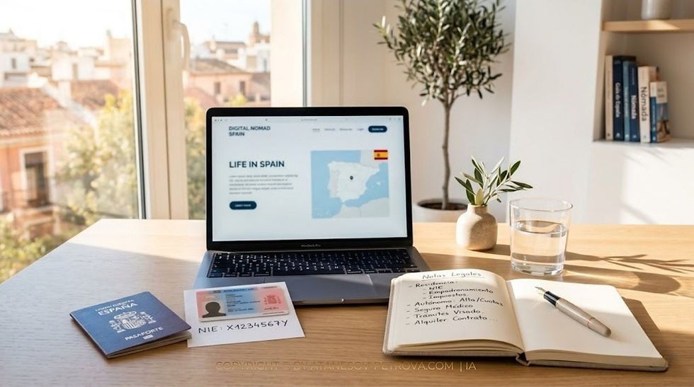 Продление ВНЖ в Испании в 2026: документы, сроки подачи и риски отказа. Рабочий стол с ноутбуком Life in Spain, паспортом, NIE и блокнотом с заметками в светлом интерьере.